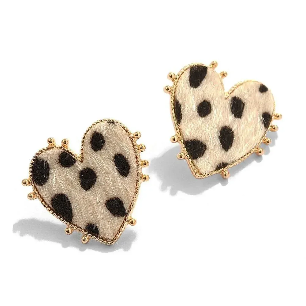 Gold Tone Texture Fur Animal Print Heart‎ Earrings Stud Boho Artsy Leopard